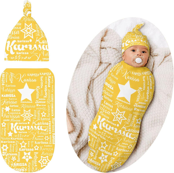 YallLocoMo Custom Newborn Swaddle Blankets Hat Yellow Star Name Text Sets Soft Baby