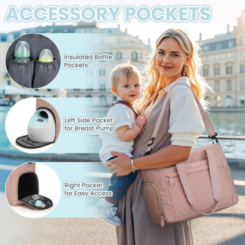 14 Inch Mommy Pritent Diaper Bag Tote for Working Mom, Large Travel Diaper Tote for Mom and Dad with Laptop Sleeve