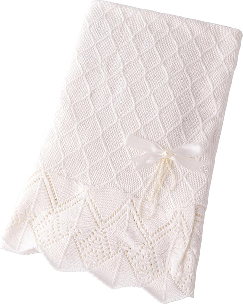 38X39 Booulfi Knit White Baby Blankets Neutral,Crib Stroller Newborn Blankets for Boys Girls,Cotton Lace Crochet Winter