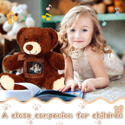 14 Inch Remembrance Bear Plush Stuffed Animal with Recorder, Soft Doll Toy with Picture Frame (Dark Brown)