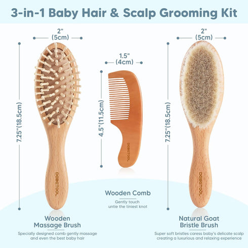 Set Set DEBETOOL Baby Hair Brush and Comb for Newborns & Toddlers - Wooden Baby Brush With Soft Goat Bristle