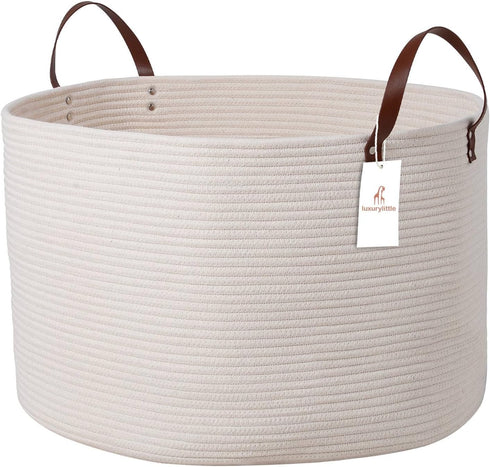 Luxury Extra Large Nursery Storage Basket, 22 x 22 x 14 inches, 100% Cotton Rope with Handles - Off White