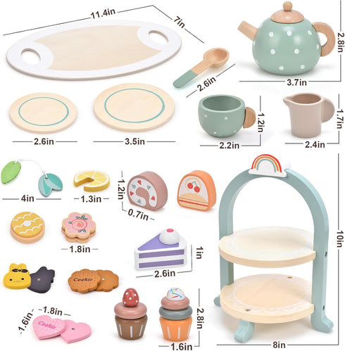 Set 28 Set Playset 2 3 4 5 6 Atoylink Wooden Tea Party for Little Girls Pcs Toddler Tea with Cupcake Stand & Food