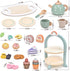 Set 28 Set Playset 2 3 4 5 6 Atoylink Wooden Tea Party for Little Girls Pcs Toddler Tea with Cupcake Stand & Food