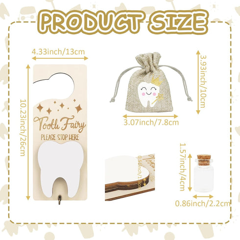 Tooth Fairy Tooth Holder, Tooth Fairy Door Hanger with Money Slot, Keepsake Bottle & Burlap Pouch for Lost Teeth Milk