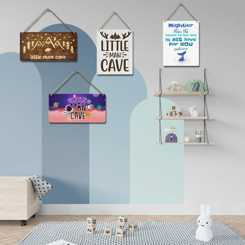 YOHIYE 12x6 Inch Little Man Cave Sign Woodland Nursery Wall Decor for Baby Boys Rustic Bear Forest Animal Wood Signs