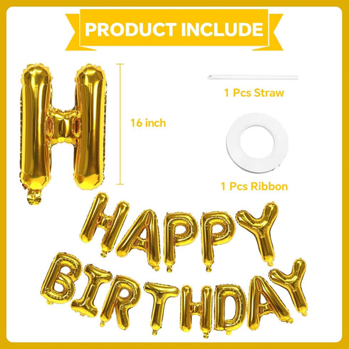 Gold Happy Birthday Balloons Banner, 16 Inch Mylar Foil Letters Sign, Reusable Balloons for Birthday Decorations Party