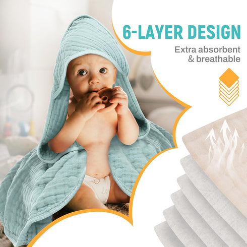 MIGIOL Muslin Hooded Baby Towel, Soft Cotton, Sage Green