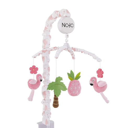 Nojo Tropical Flamingo Nursery Crib Musical Mobile With Plush Pink Flamingos, Flowers,