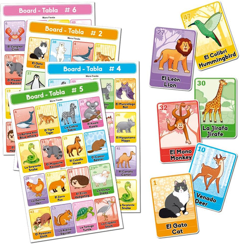 Bilingual Tablas Game in English and Spanish, Mexican Bingo for 10 Players - 10 Boards, Full Deck of Cards and Chips, Theme Animals