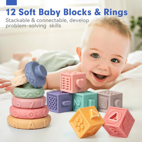 SpringFlower 3 in 1 Montessori Toys for Babies 0-3-6-12 Months, Rattle Teether, Baby Blocks, Soft Stacking Rings
