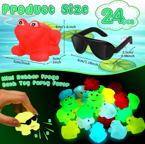 24 Pack Halloscume Glow in The Dark Rubber Frog Toys for Kids, Floating Squeaky Bath Toys Bulk, Cute Mini Rubber Frogs