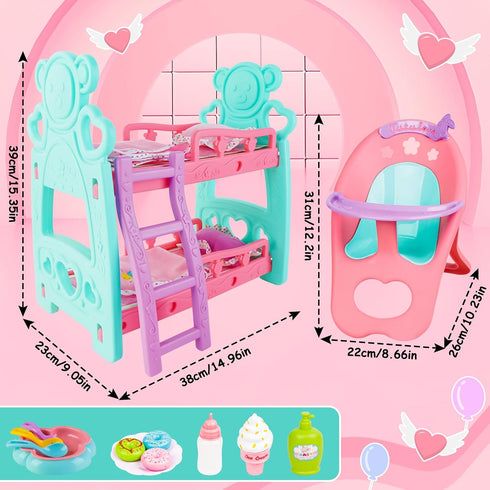 12 13 14 Inch,Great deAO Baby Doll Accessories Bunk Bed Crib & High Chair,Doll Furnitures Toy Bed Doll Crib for Twin