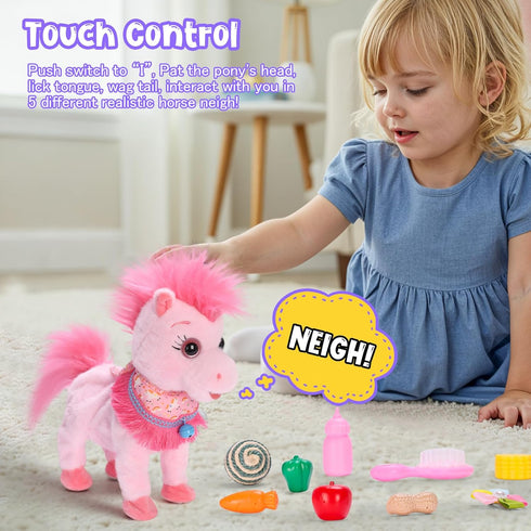 Ylpaprm Set 3+ Pink Walking Pony Interactive Talking Singing Dancing Horse Walk Along with Remote Control Leash Plush