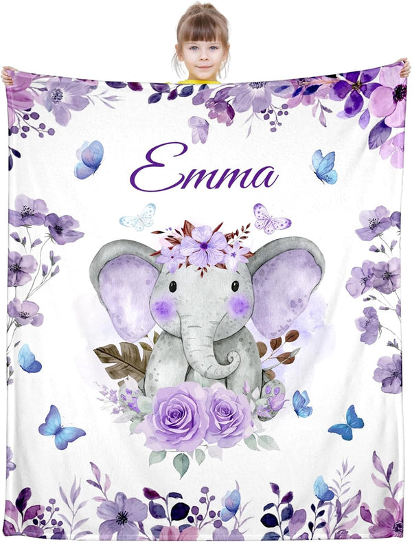 Snoweets Personalized Baby Blanket for Girls Kids Boys, Custom Elephant Blanket with Name