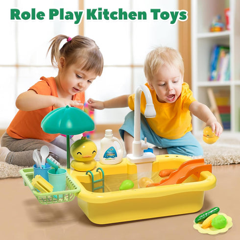 CUTE STONE Play Sink with Running Water - Kitchen Sink Toys with Play Food and Utensils for Children Role Play