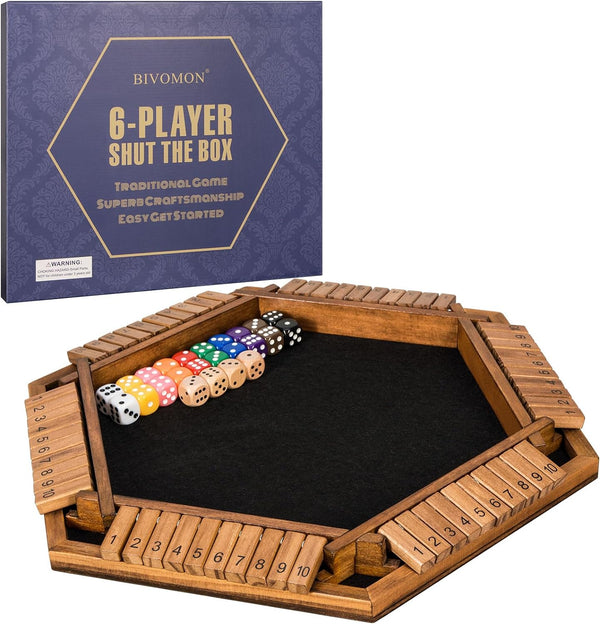 BIVOMON 1-6 Players Shut The Box Dice Game, Wooden Board Table Math