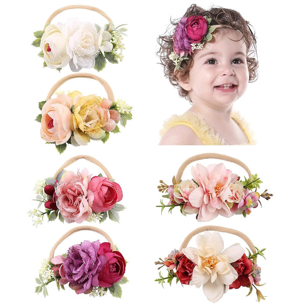 Cinaci 6 Pack Delicate Rose Flower Nylon Headbands, Floral Bows Headband Super Stretchy Hair Bands Fancy Headpieces