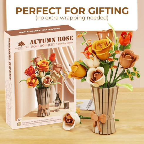 Store Set 868PCS Bagari Roses Bouquet Building - Artificial Flowers Building Blocks with Vase, Compatible with Lego Kit
