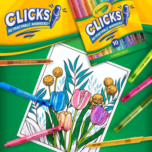 Crayola Clicks Retractable Tip Markers, 10ct, Washable Art Marker Set for Kids, Back to School Supplies