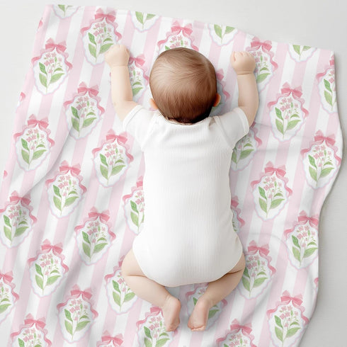 Cstdyfrv Summer 60x80in Pastel Flowers Bows Striped Baby Blankets for Boys Girls Pink Blue Hydrangea Floral Ribbon Bows