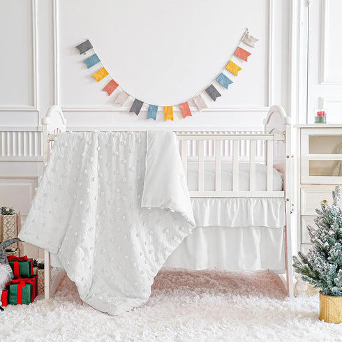 Set 3pc Set White Crib Bedding Tufted Dots Jacquard Baby Comforter with Fitted Sheet and Bed Skirt - Cute Embroidery