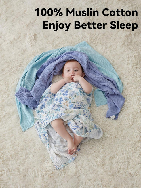 3 Pack 47"X47", TILLYOU Muslin Swaddles for Newborns Baby Blankets for Girls Boys Cotton Swaddle Blankets Blue Flower