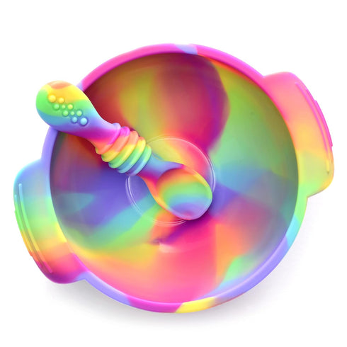 Unbreakable Silicone Non-Slip Bowl and Chew Spoon Set for Babies and Toddlers (Rainbow Swirl)