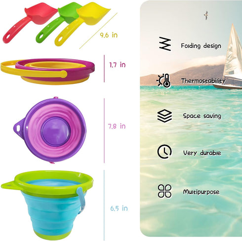 POUYRBA Set 3Pcs Collapsible Beach Bucket and Shovel for Kids, Foldable Sand Toys with Mesh Bag, Portable Sand Buckets