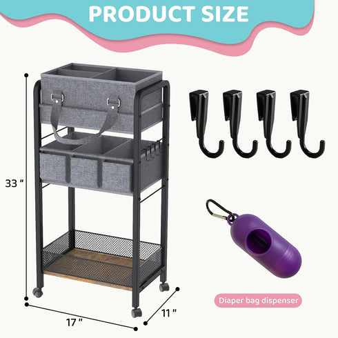 JRANBRJS 2IN1 Organizer-3 Baby Diaper Caddy Tier Rolling Storage Cart with Dividers - Bedside Diaper Caddy Cart
