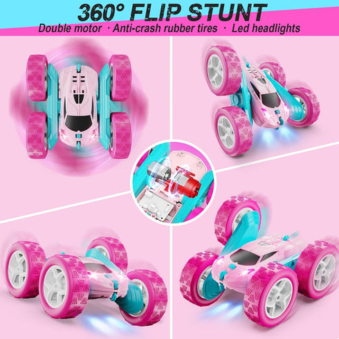 2.4 360 6 7 8 9 10 11 12 QUNREDA RC Cars, Pink Remote Control Car for Girls, GHZ Double Sided RC Stunt Car Rotating