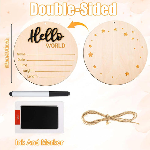 NQEUEPN 5.9in Baby Announcement Sign Plate, Wooden Newborn Disc Board with Ink Pad for Hand & Footprints Hello Birth