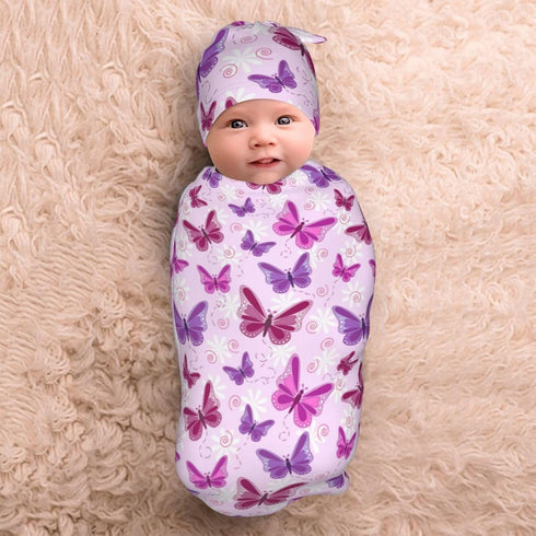 Lcokin Sets Butterfly Baby Stuff Swaddle Blanket Newborn Baby Swaddling Blanket Sleep Sack with Beanie Hat for Boys