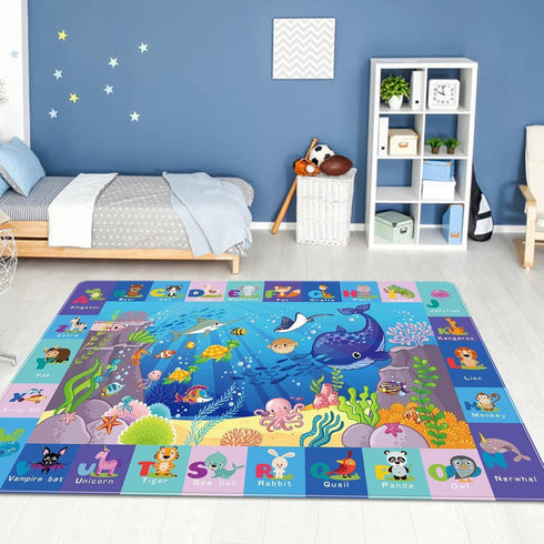 Kids Play Rug, Animals Print Baby Mat for Floor, Non-Toxic Soft Crawling Mat, Nursery Rugs (Blue, 47.2X31.5 INCH)