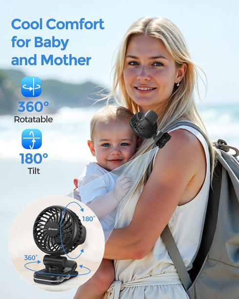 0.24 lb, 3-Speed Mini Baby Fan with Clip for Carrier Stroller, Baby Essentials, Ultra Light Safe Gaps, Rechargeable