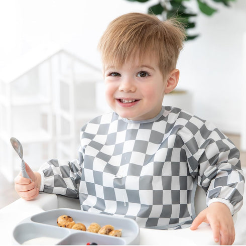 Bumkins Sleeved Bib for Girl or Boy, Baby and Toddler for 6-24 Mos, Essential Must Have for Eating, Feeding, Baby-Led Weaning Supplies, Long Sleeve Mess Saving Food Catcher, Fabric, Charcoal Check