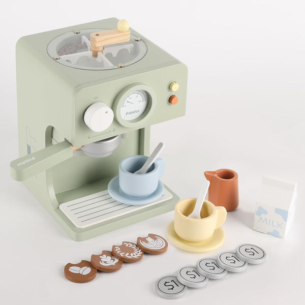 Kids Wooden Coffee Maker Toy with Grinder, Pretend Play Kitchen Appliances Gift for Toddlers