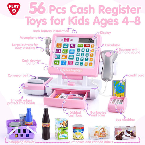 3+ PLAY Kids Cash Register Toy - Pretend Play Calculator Register Toys with Microphone/Conveyors/Play