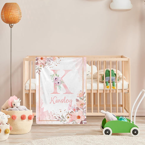 Personalized Baby Blanket with Name, Custom Floral Name Blanket Toddler Girls Soft Flannne Receiving Blankets