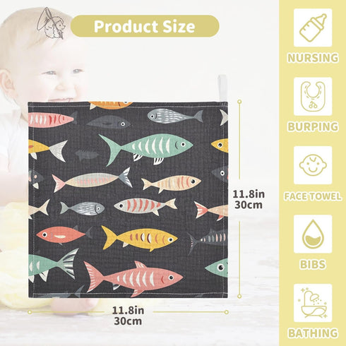 YETTASBIN 4 5 Pack Fish Muslin Baby Hand Washcloths, Soft Cotton Bath Face Towel, Layers Extra Absorbent Feeding Burp