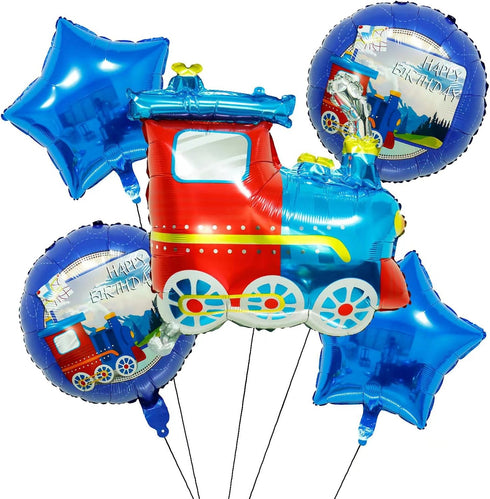 GOTPASS 5PCS Jumbo Blue Train Foil Balloons Set Train Themed Party Supplies Baby