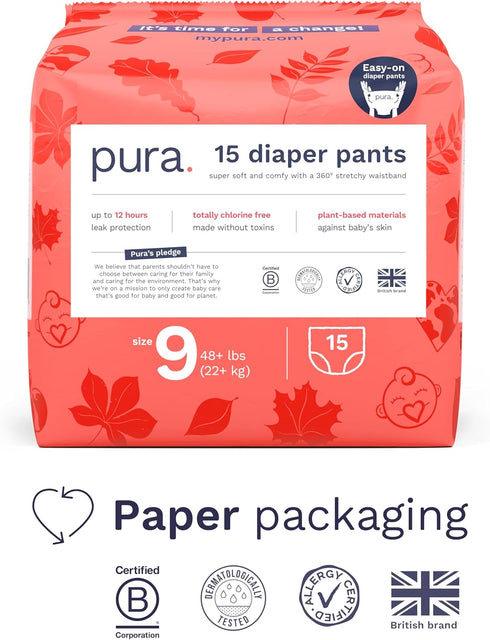 9 (48+ lbs) 12 1 Pack 15 Pura Hypoallergenic Diaper Pants Size Overnight, up to Hours Leak Protection, Suitable