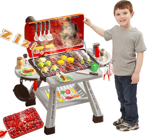 Barbecue Grill Toy Set, Kids BBQ Kitchen Playset with Smoke Sound Light Simulation for Interactive Pretend Play
