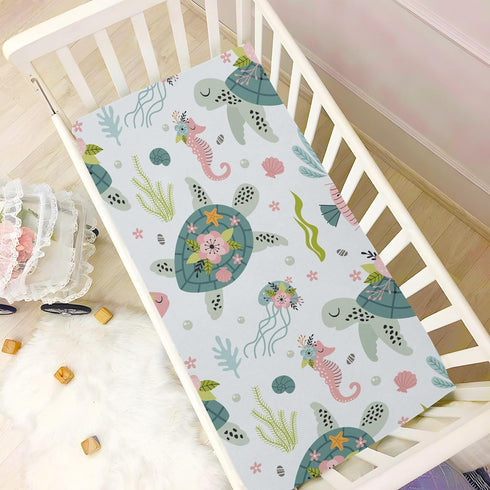 Fitted Crib Sheets, Turtle Sea Horse Stretchy Portable Playard Sheets, Soft Mini Crib Mattress 39 x 27 in for Babies