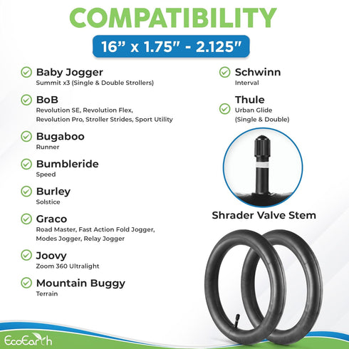 EcoEarth Inner Tube Tire Replacements, 2 Pack, 16” x 1.5/1.75/1.95/2.125 for Kids Bike & Jogging Stroller