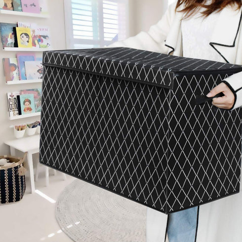 Toy Chest Box Storage Bins for Kids, Large Collapsible Organizer with Fabric Flip-Top Lid & Handles, Black 24.5x13x16
