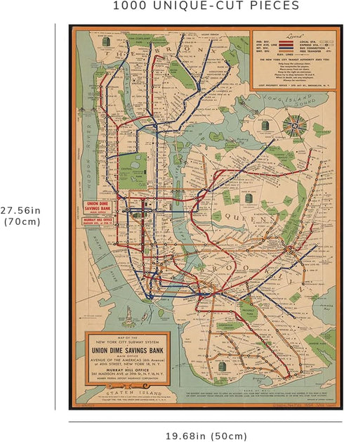 1954 Map of New York City Subway - 1000 Piece Jigsaw Puzzle for Adults, NY Underground