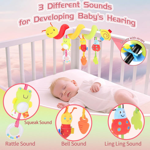 0-6 Car Seat Toys for Babies Months, Upgraded Spiral Hanging Crib Stroller Activity Toys with Detachable Rattles, Baby