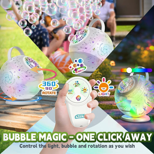 90/360 7-Color Rechargeable Bubble Machine - Auto Rotation, Remote Control, RGB, Larger Bubbles Design, Bubbles Maker