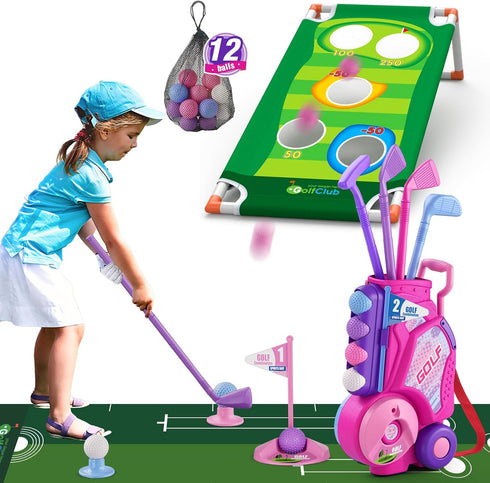 2 in 1 Toddler Golf Set, Upgraded Kids Golf Clubs with 12 Balls, Indoor Outdoor Sport Toys Gift